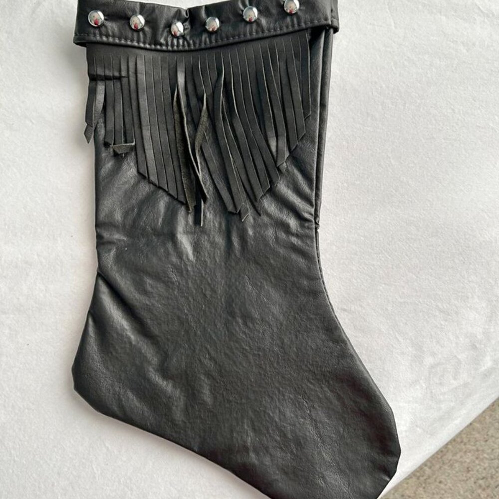 Black Leather Christmas Stocking with Fringe and Metal Stud Accents 14x8 NWOT